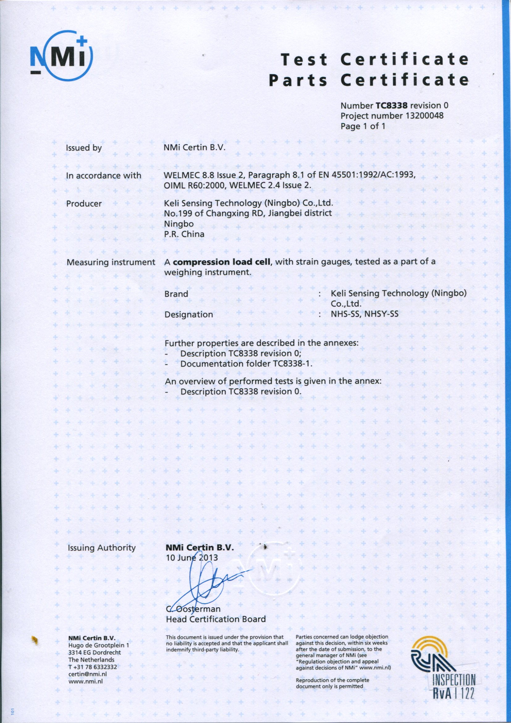 NHS-SS、NHSY-SS測試證書