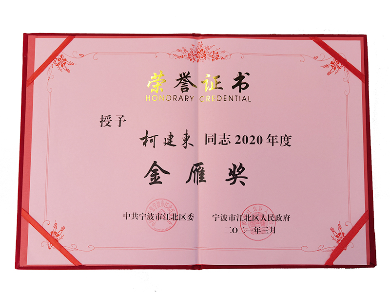 總裁柯建東榮獲寧波市江北區(qū)2020年金雁獎